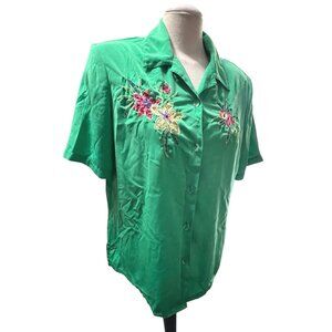 Koret  Short Sleeve Button-Up Blouse With Floral Beaded Embroidery Size Medium W